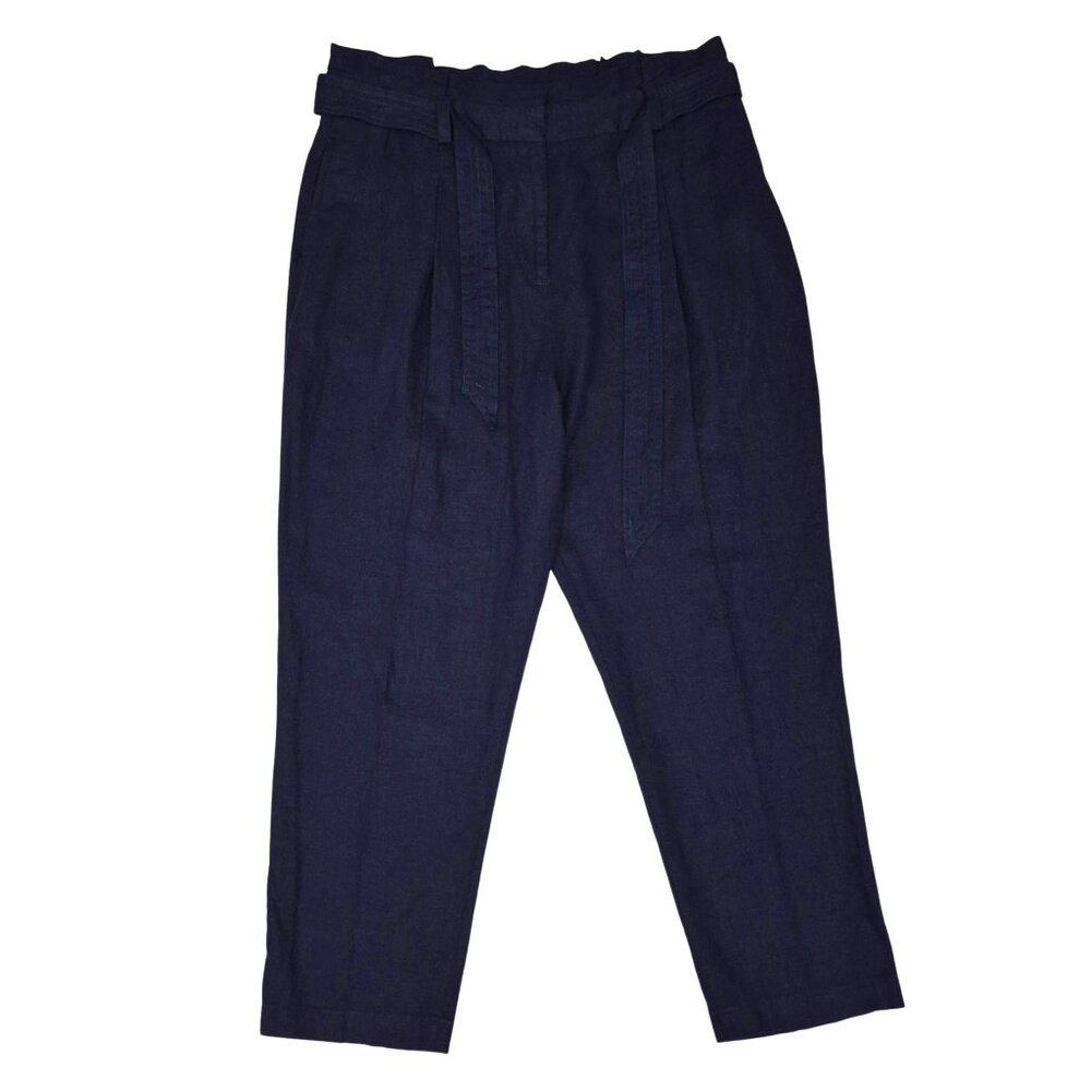 NWT ASOS Paper Bag Tie Pant High Rise Tapered Leg Linen Blend Size 14 Navy Blue